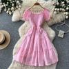 French Gentle Wind One-word Shoulder Bubble Sleeves A-word Dress Women's Summer Short Sleeves High Waist and Thin Temperament Skirt