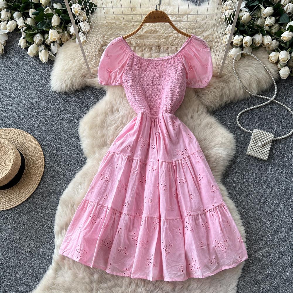 French Gentle Wind One-word Shoulder Bubble Sleeves A-word Dress Women's Summer Short Sleeves High Waist and Thin Temperament Skirt