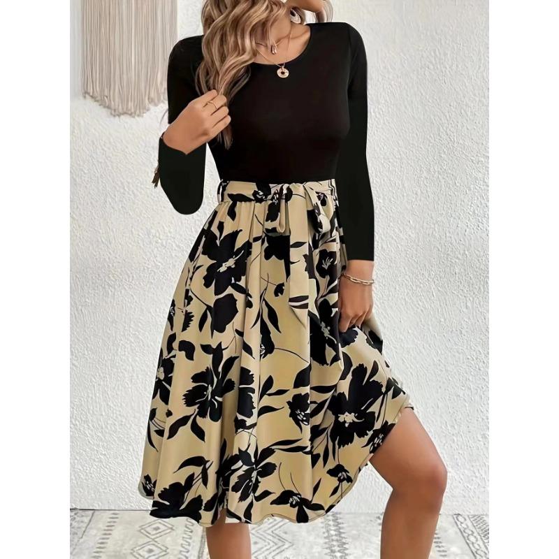 Spring and Autumn Women's Dress Printed Dresses Round Neck Tie Dresses