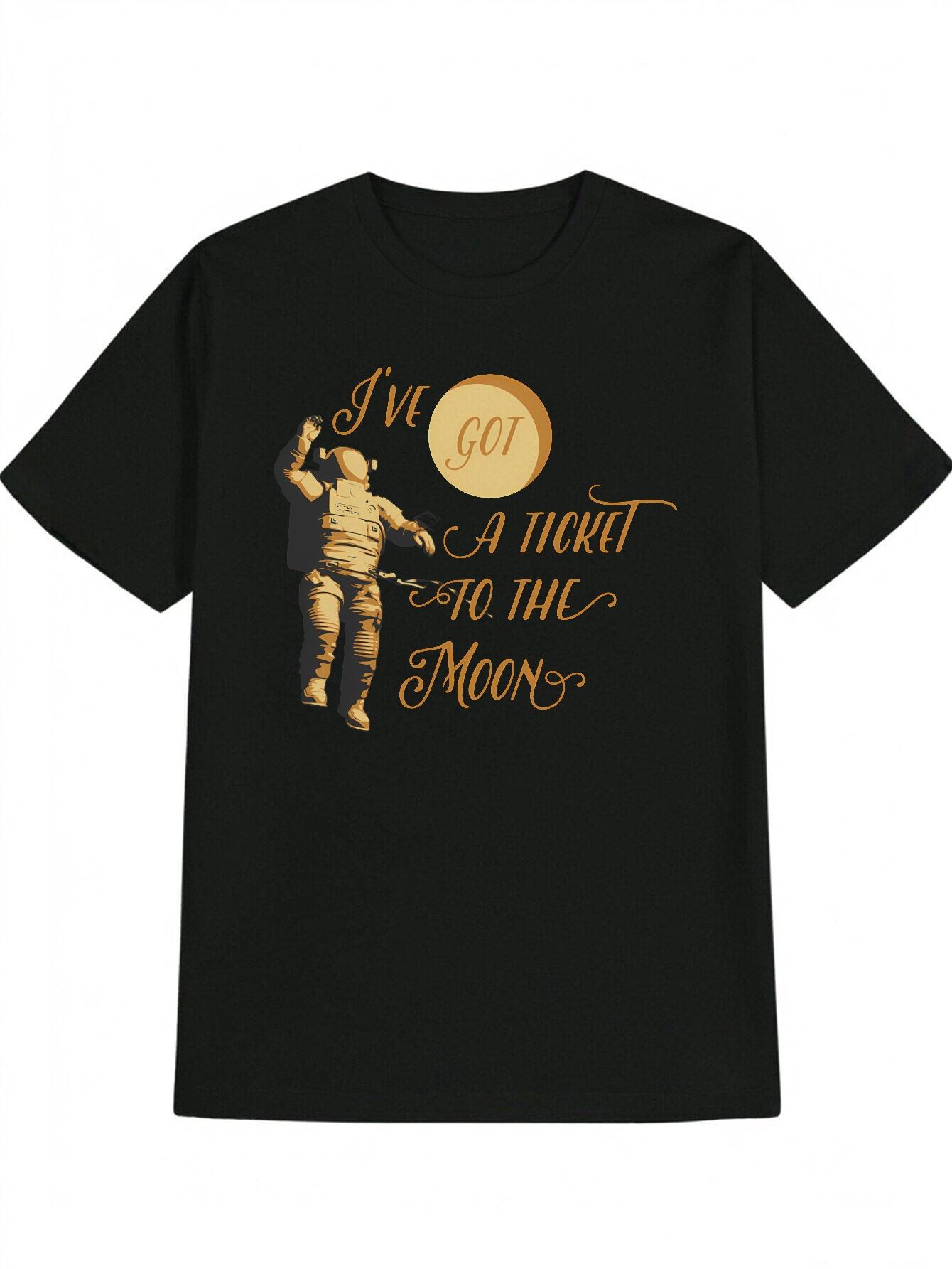Casual Graphic T-shirt - Black Astronaut Moon Design with I ve Got a Ticket to the Moon Print XL