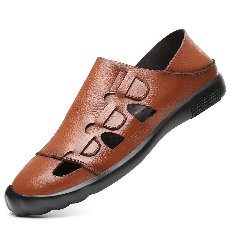 

Летние дышащие мужские сандалии ручной работы с полым верхом, плоская подошва, уличные нескользящие туфли в римском стиле, легкие лоферы, повседневная обувь для прогулок, пляжная обувь 44 коричневый