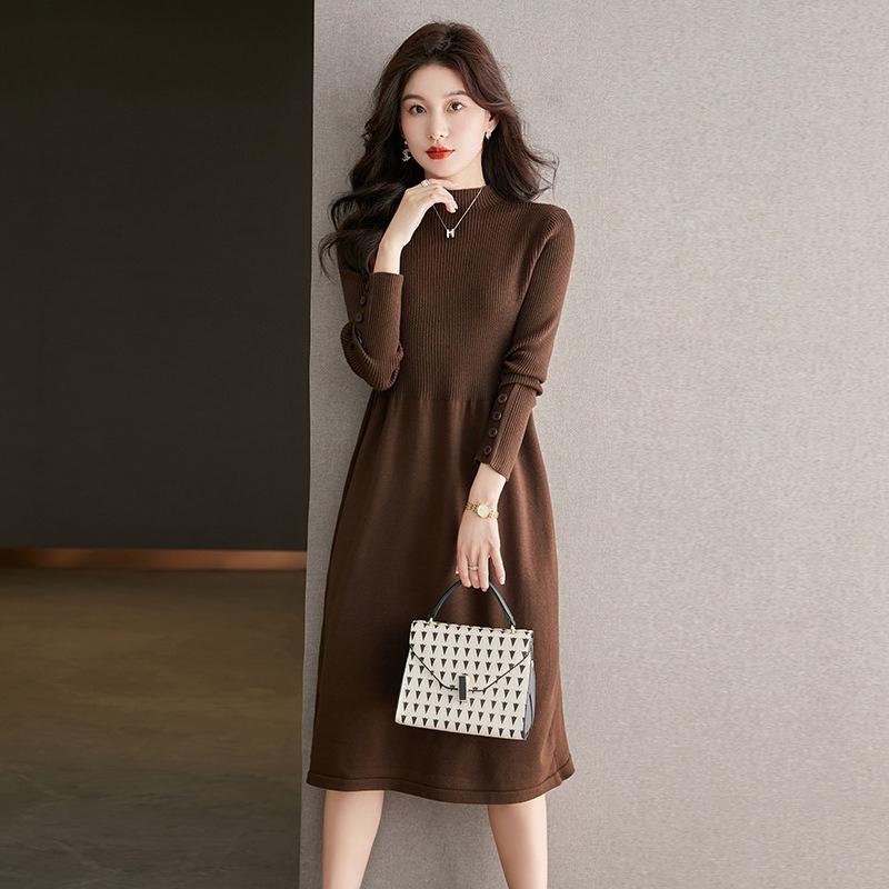 Taillenbetonendes Strickkleid für Damen Einfarbig Lässig Midilang Pullover A-Linien-Pulloverkleid für Herbst und Winter