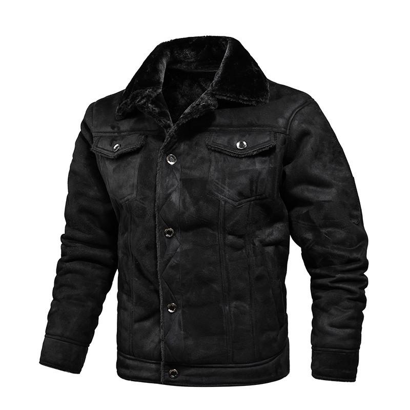 Spring Casual Black Single-Breasted Fleece Jacket with Lapel Fur and Side Seam Pockets