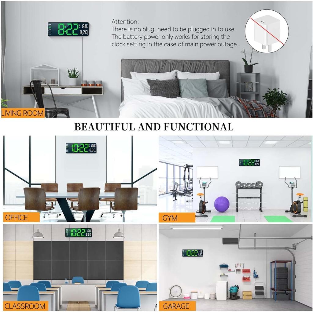 Digital Wall Clock Large Display with Remote Control, Display Digital Clock with Date, Indoor Temp, Brightness Dimmer LED Clock