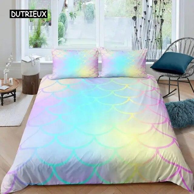 Fish Scales Duvet Cover Set Bedding Set Colorful Mermaid Scale Quilt Cover Pillowcase Queen Size Girls 2/3pcs Comforter Cover Three-piece Set