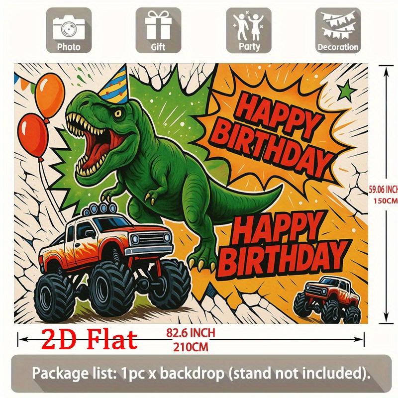 2D plane, "Dinosaur and Monster Truck Birthday Banner" - Dinosaurs and trucks with balloons, durable party backdrop fabric