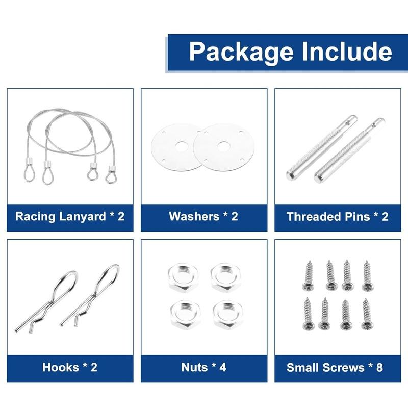 1 Set Stainless Steel Engine Hood Pin Plate Bonnet Lock Clip Kit with Racing Lanyard for Universal Car Mods Exterior Accessories