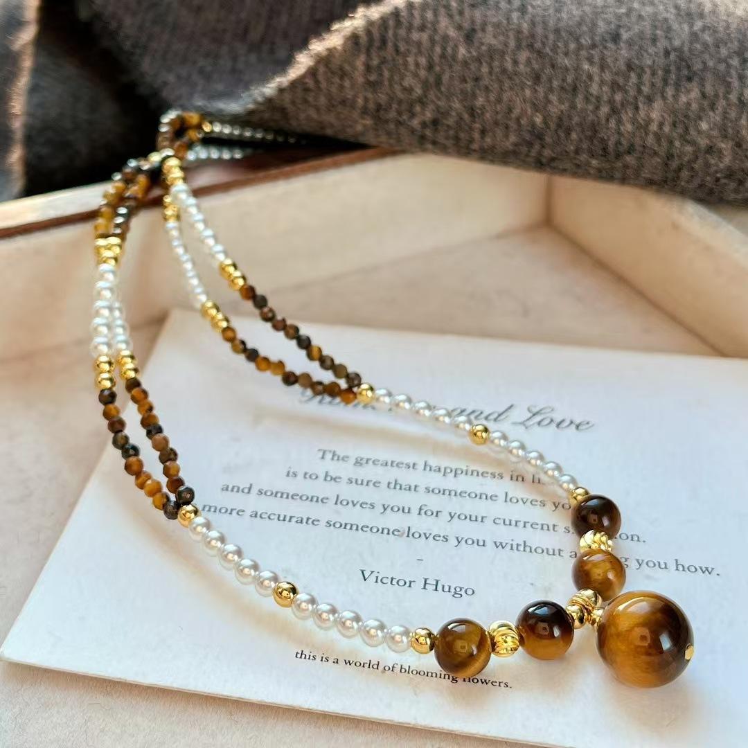 

High Matching Retro High Quality Natural Tiger s Eye Stone Artificial Crystal Pearl Collarbone Chain Pendant Necklace