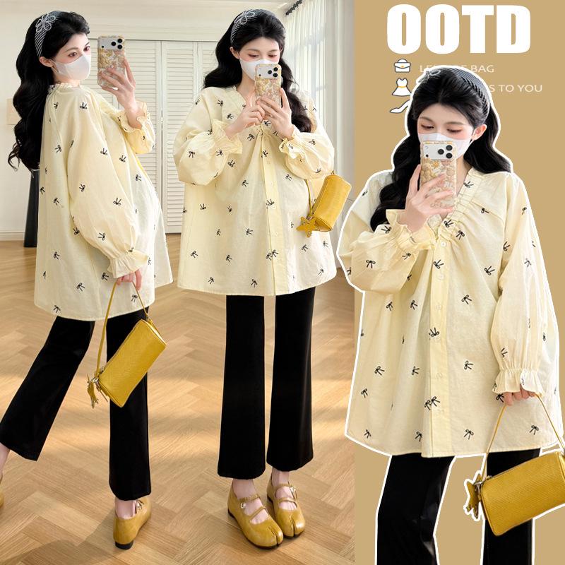 2026 Spring Fashion Maternity Wear: V-Neck Long Sleeve Mid-Length Shirt for Trendy Moms M