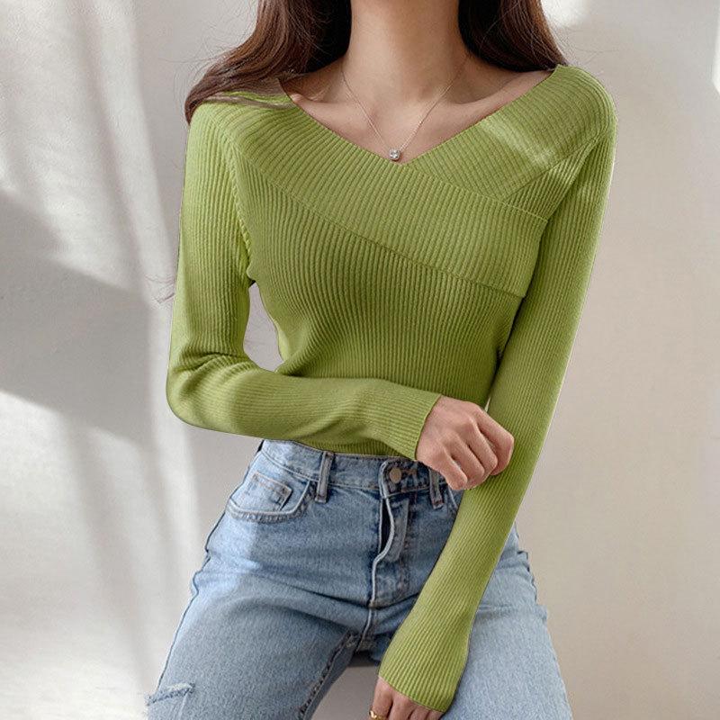 Autumn Winter Off The Shoulder Solid Color Slim Long Sleeve Knitted Tops Women's All Match Chic Sweater
