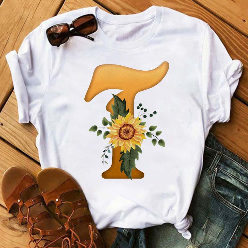 Maycaur Women's T Shirt Custom Name Letter Combination Print Tshirt Sunflower Letter Font A B C D E F G Short Sleeve Ladies Tops