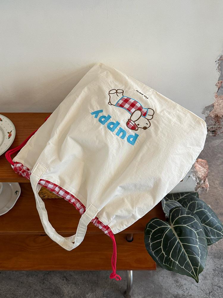 

Корейская милая вышитая сумка на плечо с щенком, новая сумка-тоут на шнурке в стиле колледжа, большая вместительная универсальная холщовая сумка