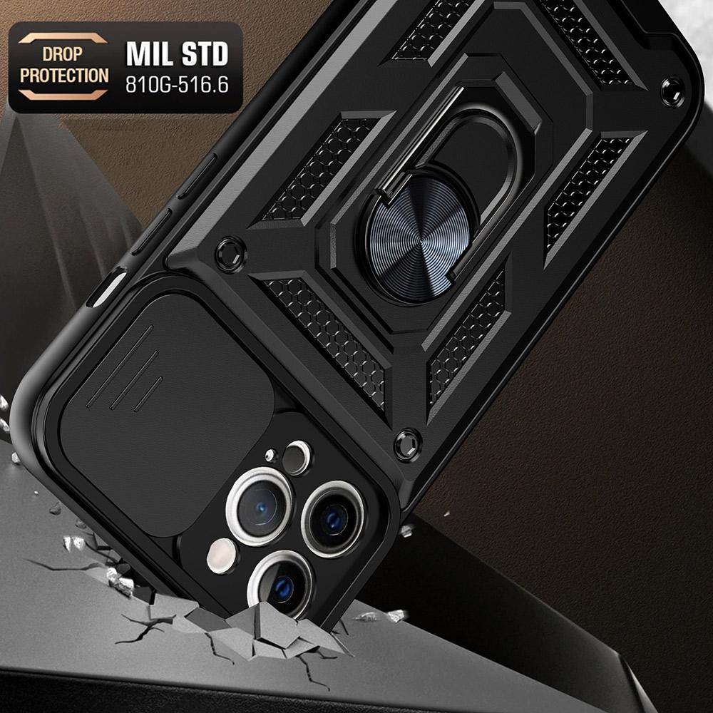 For iPhone 11 Pro Max Case Kickstand PC+TPU Phone Cover with Slide Camera Lid