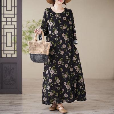 Vestido Longo Maxi de Linho Floral Vintage de Verão Estilo Solto Longo Plus Size Vestido Feminino