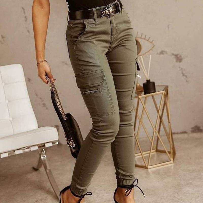 European and American Women's Pants Waist Button Solid Color Pocket Leg Overalls