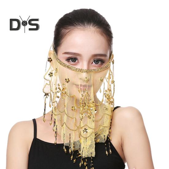 

Фата для выступлений Цветы Блестки Бисер Декор Кружево Танец живота Племенная вуаль для лица Регулируемый ремешок Индийский танцевальный вуаль Аксессуар для костюма на Хэллоуин жёлтый