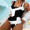 Women Plus Size Scoop Neck Wide Straps Printed Neon Green Black High Cut One Piece Swimsuit
