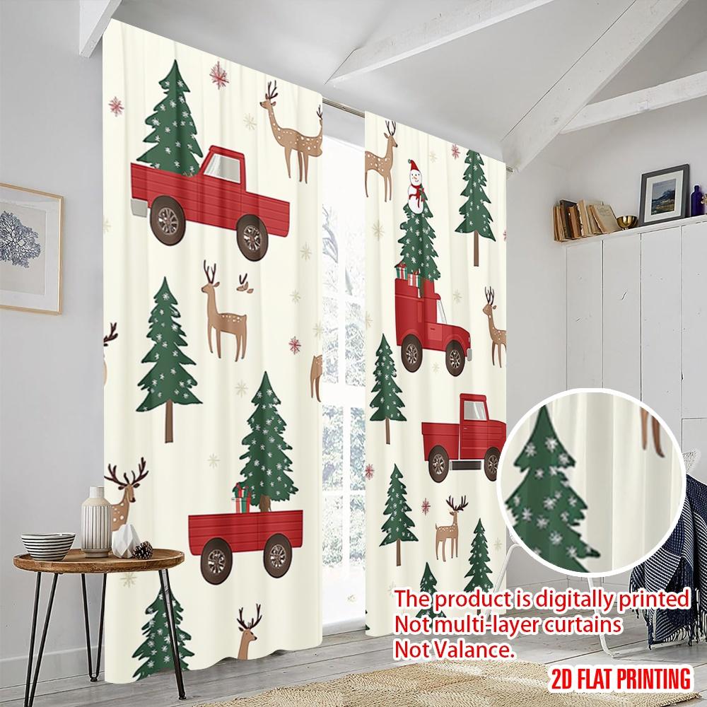 2 szt., druk płaski 2D Minimalistyczne zasłony Ciężarówka świąteczna Bałwan Jeleń Drzewa Tkanina poliestrowa (bez pręta) Idealny wystrój domu
