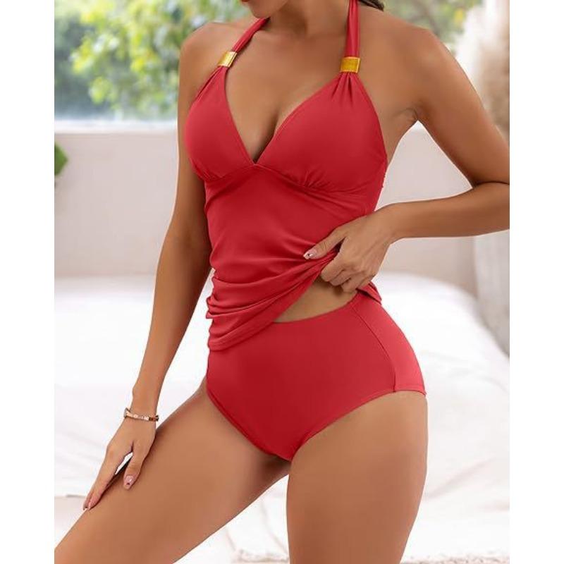 Women s Halter Ruched Solid Color Tankini Swimsuit High Waist Two Piece Bikini Bathing Suit S красный
