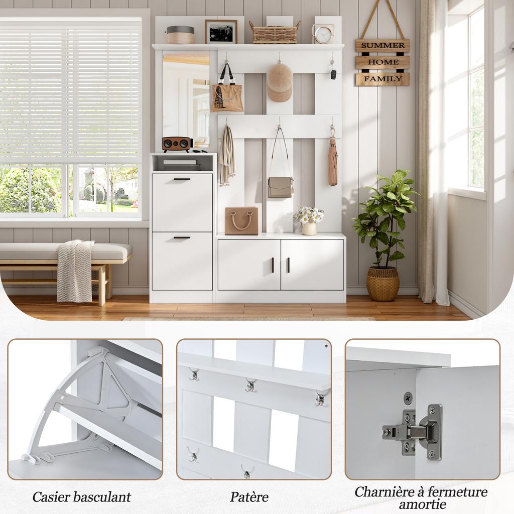 Coat Rack for the Entrance Area, Shoe Cabinet, Mirror and Clothes Hooks, Wall-Mounted Wardrobe, for Hallway Entrance Area, White, 120x30x180cm