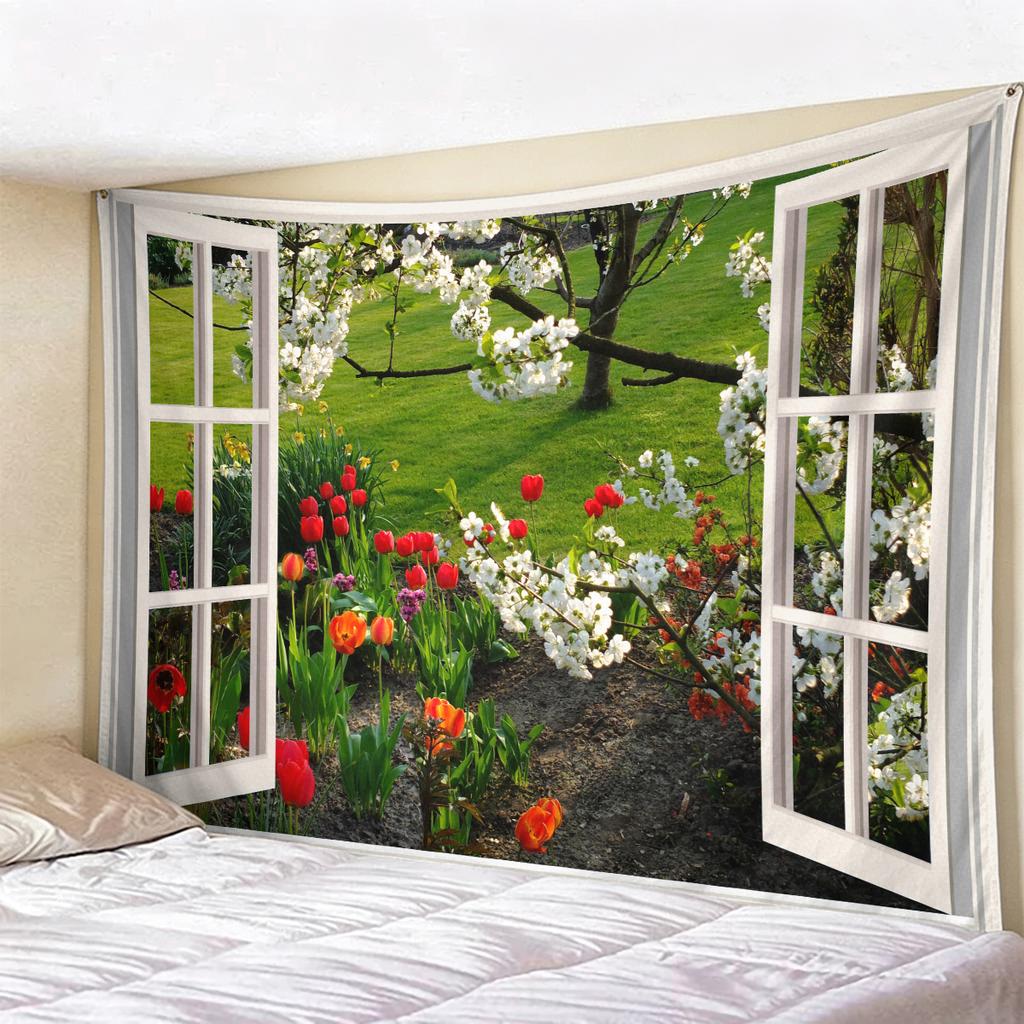 Window View Tapestry Wall Hanging, Scenic Nature Landscape Backdrop, Artificial Window Wall Decor for Bedroom Living Room