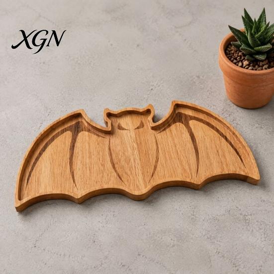 Rustic Tabletop Accessory Bat-Shaped Wooden Serving Tray, Halloween Theme Snack Dessert Platter, Kitchen Tray Decorative Storage Plate for Jewelry And