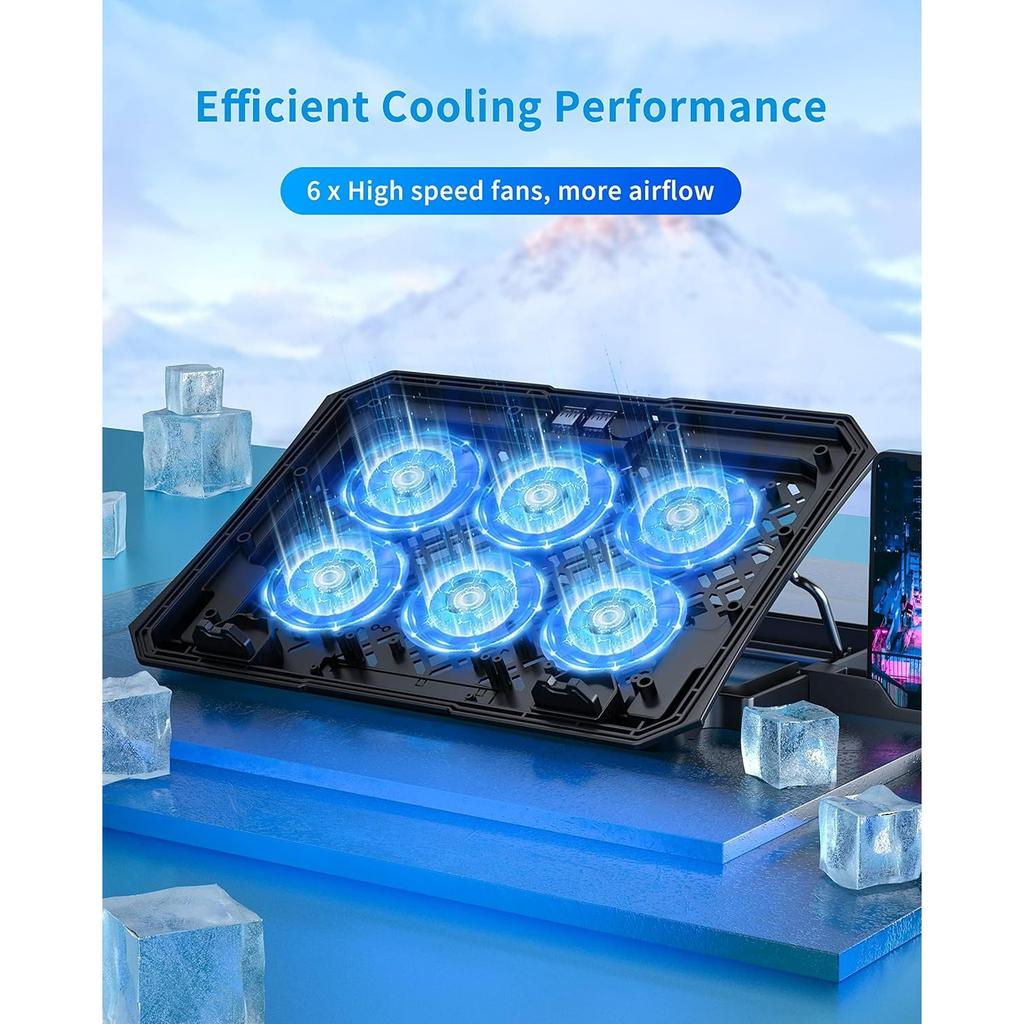 Laptop Cooling Pad for 12-15.6 Inch, 6 Cooler Fans with Blue Lights, Laptop Cooling Stand with 2 USB Ports