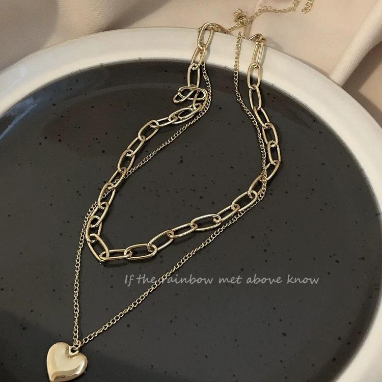iF ME Korean Retro Heart Pendant Multilayer Gold Necklace Elegant Simple Necklaces Jewelry Accessories