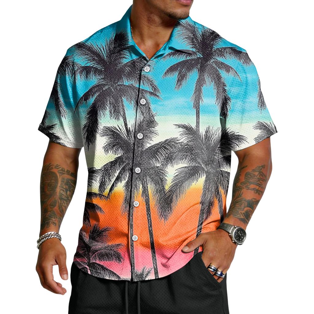 Men’s Short Sleeve Button Down Shirt with Palm Tree Print Casual Collared Relaxed Fit Lightweight Top for Summer