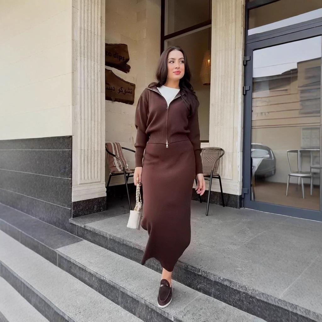  Cross-border European and American Autumn New Cardigan Temperament Long-sleeved Zipper Waist Knitted Hip Skirt Women's Clothing