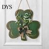 Wooden Clover Hanging Decor St. Patrick's Day Door Sign with Hemp Rope, Rustic Double Layer Shamrock Green Artificial Floral Wreath Flowers and Fabric