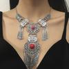 Bohemian Ethnic Vintage Beads Alloy Leaf Tassel Statement Necklaces for Women Silver Color Hollow Geometric Necklace Jewelry