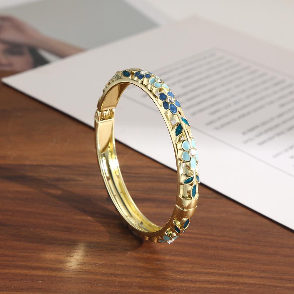Retro Chinese Ethnic Style Enamel Bracelet with Floral Inlays and Artistic Open Design