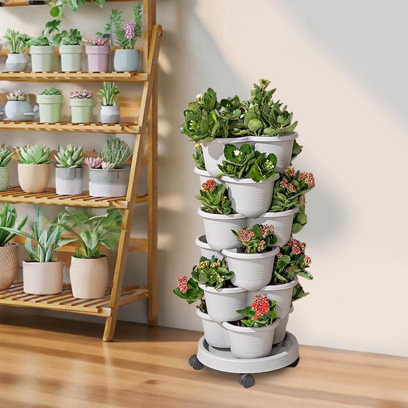 Plastic Stackable Vertical Flower Pot Multi-layer Garden Planter Tower with Movable Casters for Strawberry vegetable Frame Grow