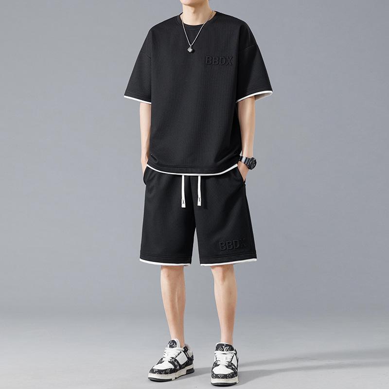 

Літній спортивний костюм великого розміру чоловічий літній гонконгський тренд всесезонний вафельний гарний з шортами з коротким рукавом костюм-двійка XXXL чорний