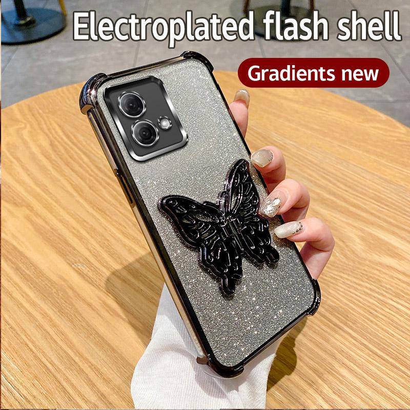 Luxury Plating Shockproof Butterfly Holder Phone Case For Motorola Moto G84 G54 G82 5G G52 G71S G10 G20 G30 Glitter Soft Cover