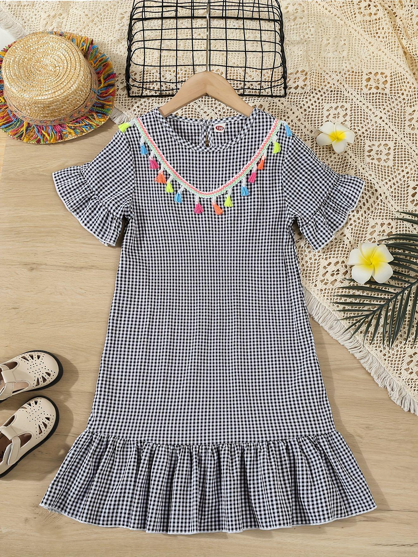 Очаровательное черно-белое клетчатое летнее платье для девочек - Стильное, удобное, неэластичное, идеально подходит для вечеринок и повседневной носки 150 cm