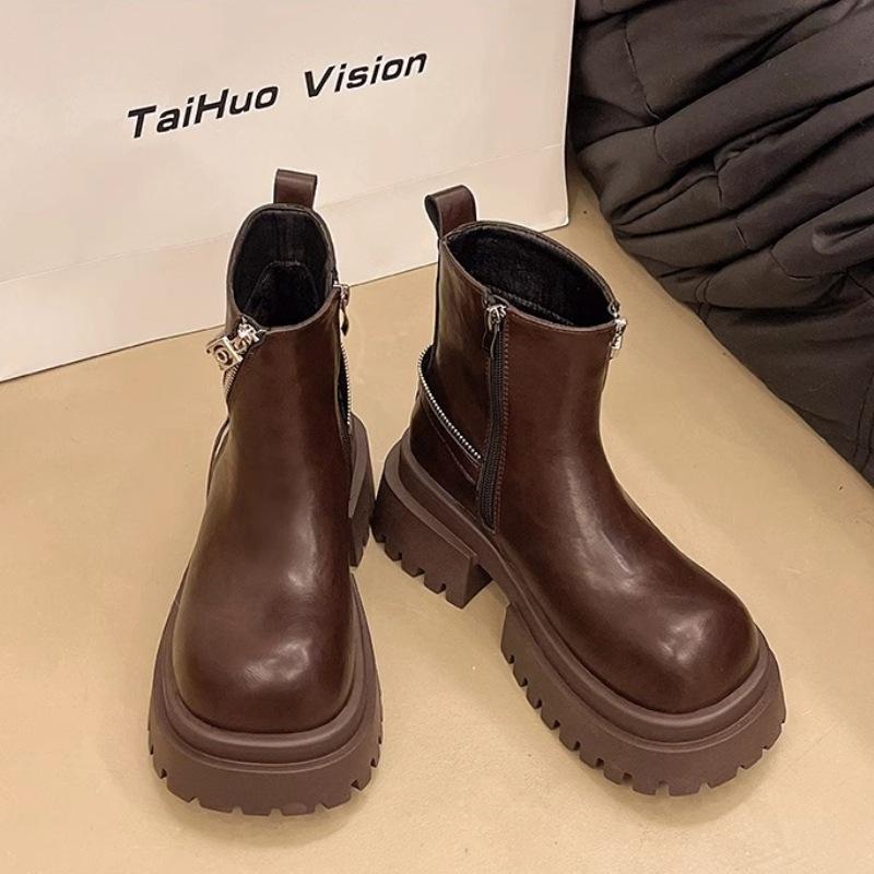 Soft Leather Diagonal Zipper Fashion Boots, Thick Soled Sponge Cake, Small Stature 6cm Chimney Boots, Chelsea Boots for Women