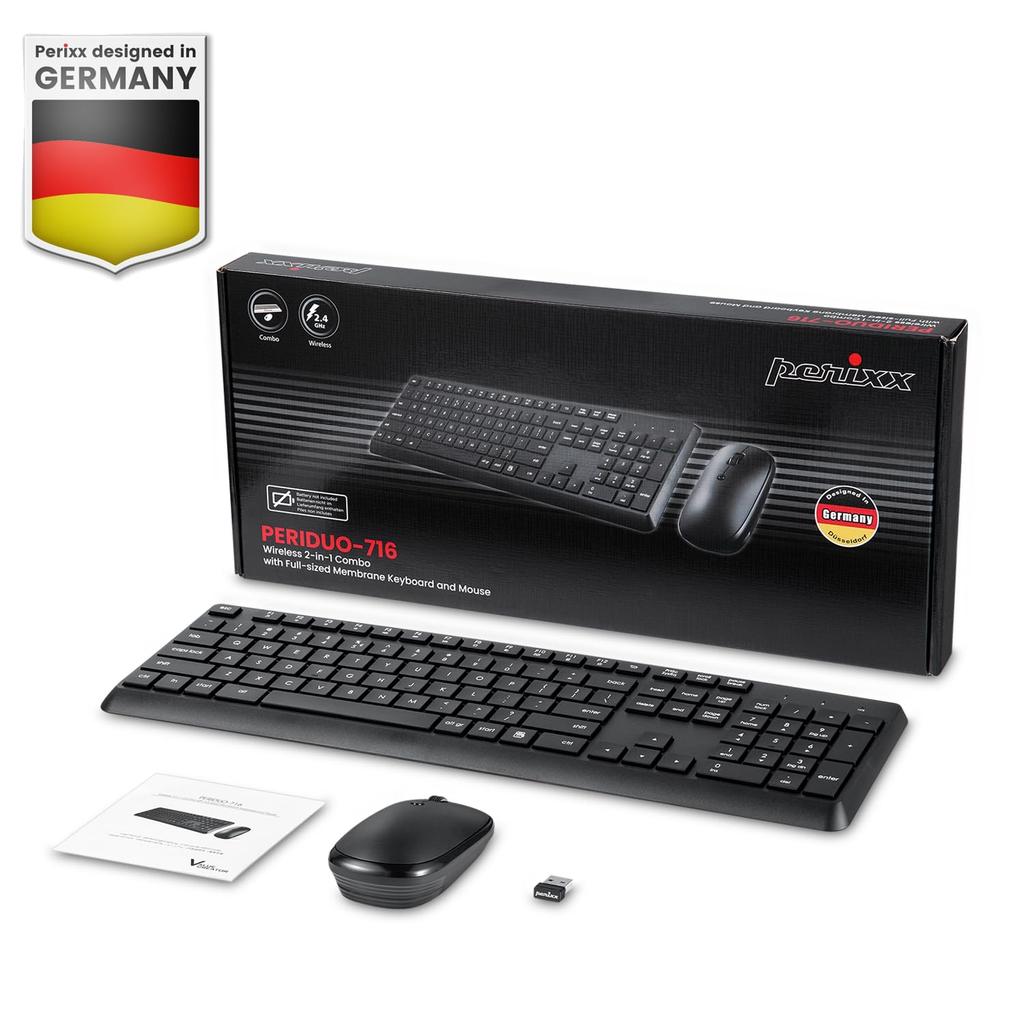 Perixx Wireless Keyboard and Mouse Full Size PERIDUO-716 Set, Black,