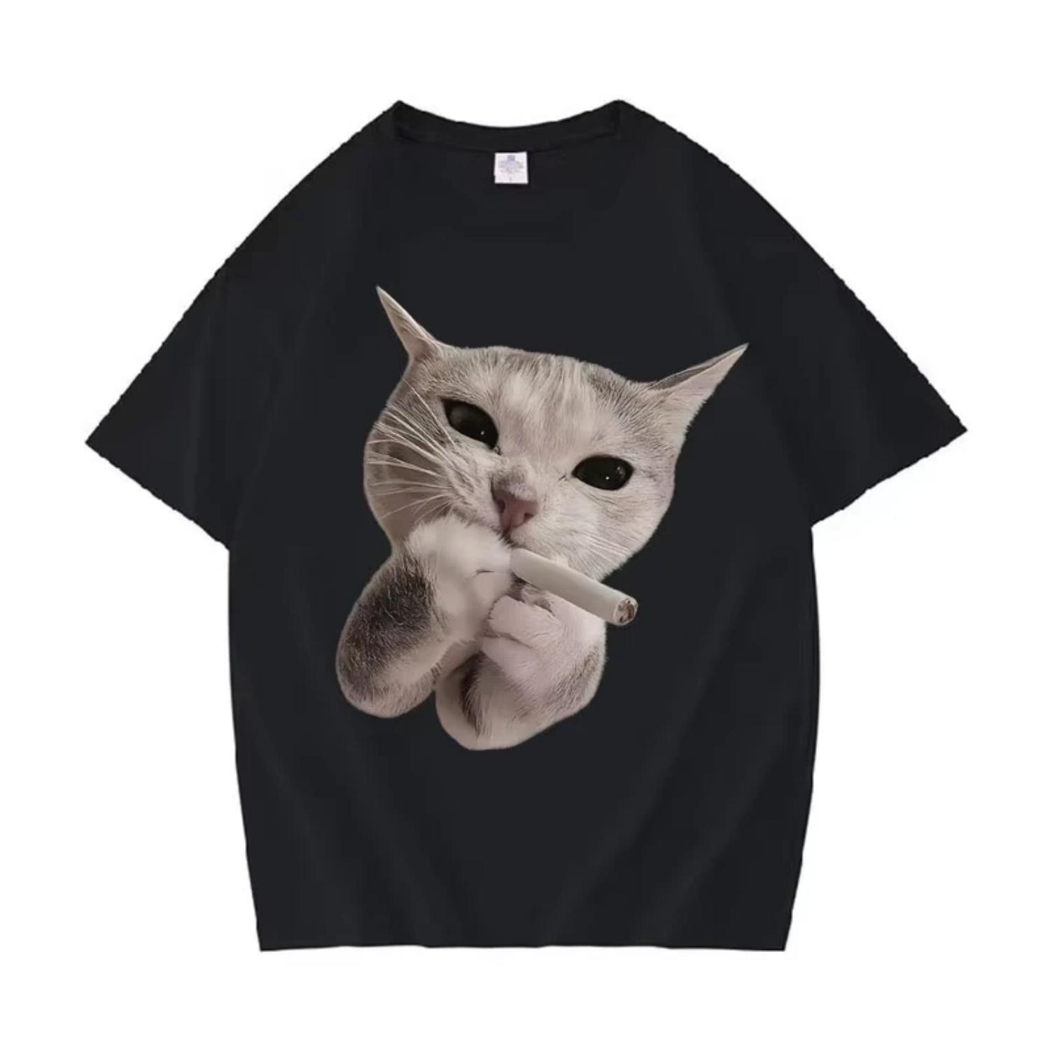 

Mens and Women s Funny Cat Smoking Casual Crewneck T-Shirt Summer Harajuku Hip Hop Graphics Oversized T Shirts Teenagers Clothes S чёрный
