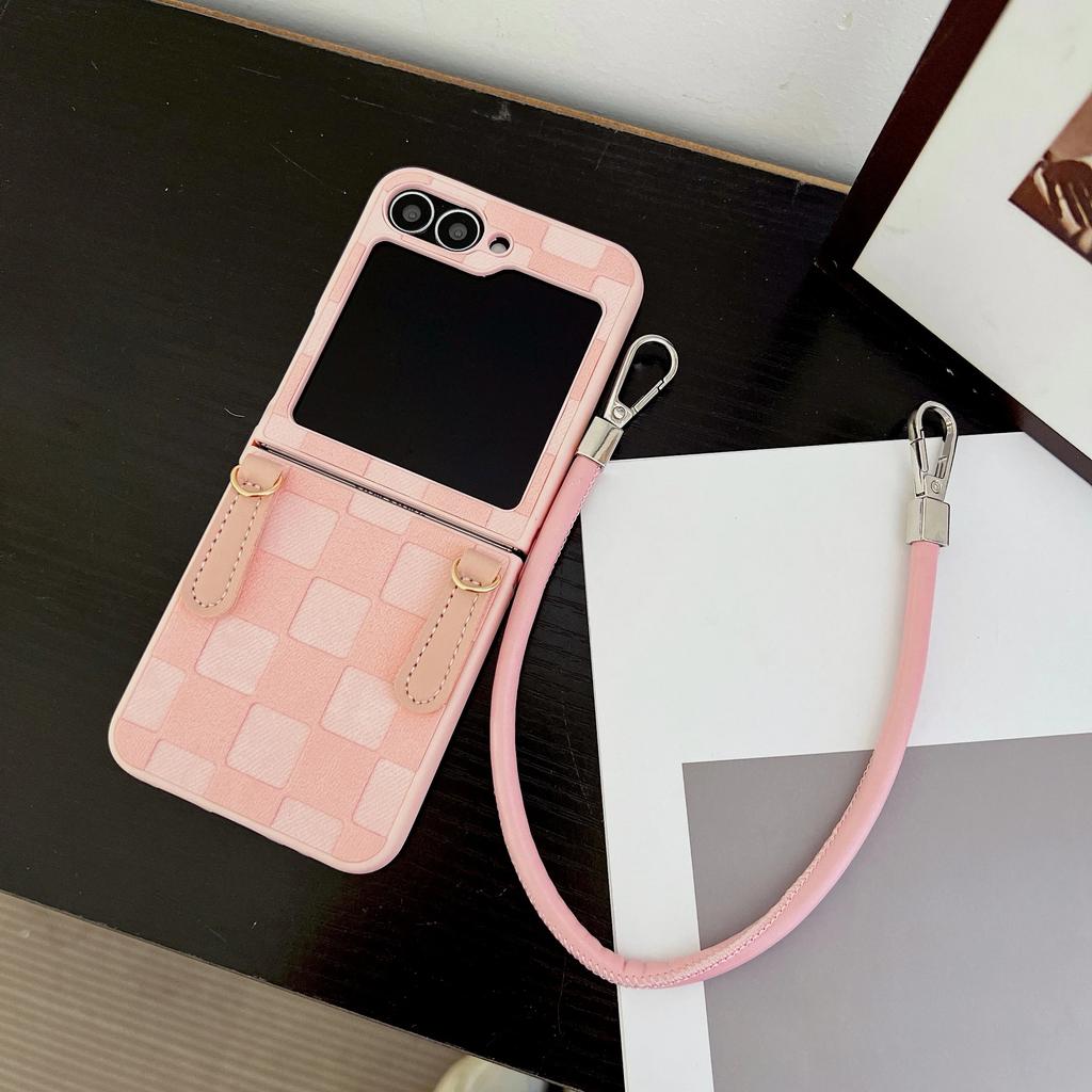 Kostkovaný PU kožený řemínek na zápěstí Pouzdro na telefon pro Samsung Galaxy Z Flip 6 5 4 3 5G Ochrana Nárazuvzdorný kryt