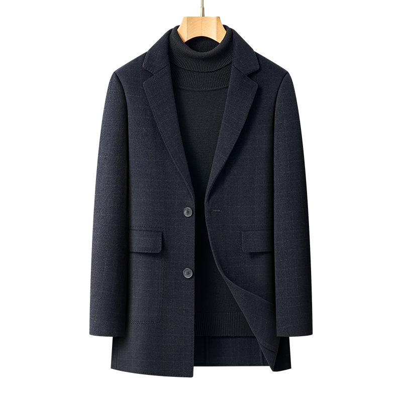 High-end wool double-sided denim coat for men, removable down lining, suit collar, windbreaker, warm mid-length coat