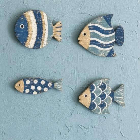 Ocean Themed Bathroom Decorations 4Pcs/Set Wooden Fish Wall Decor, Coastal Style Art, Distressed Handcrafted Art Rustic Blue Ornaments for Beach House