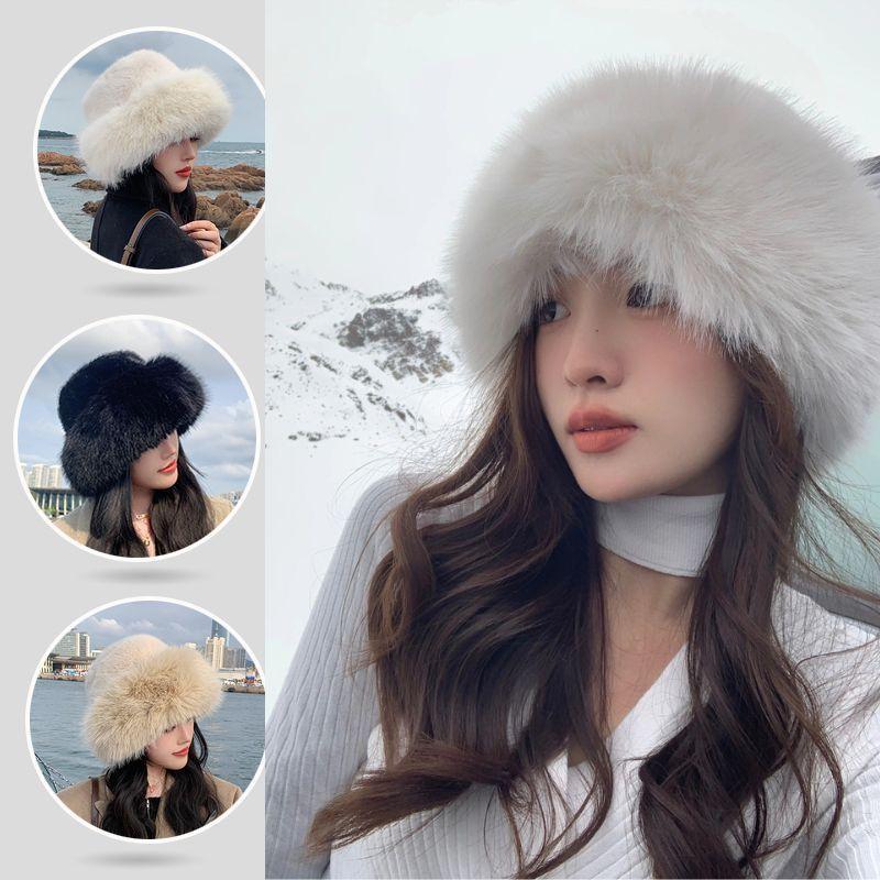 Y2K Fluffy Faux Fur Bucket Hat Women Rabbit Fur Warm Thick Plush Winter Hat Lady Luxury Fashion Furry Panama Fisherman Cap
