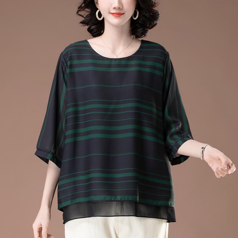 

Women s Plus Size Striped Chiffon Blouse - Summer Loose Fit Top 6353 XXXL чёрный