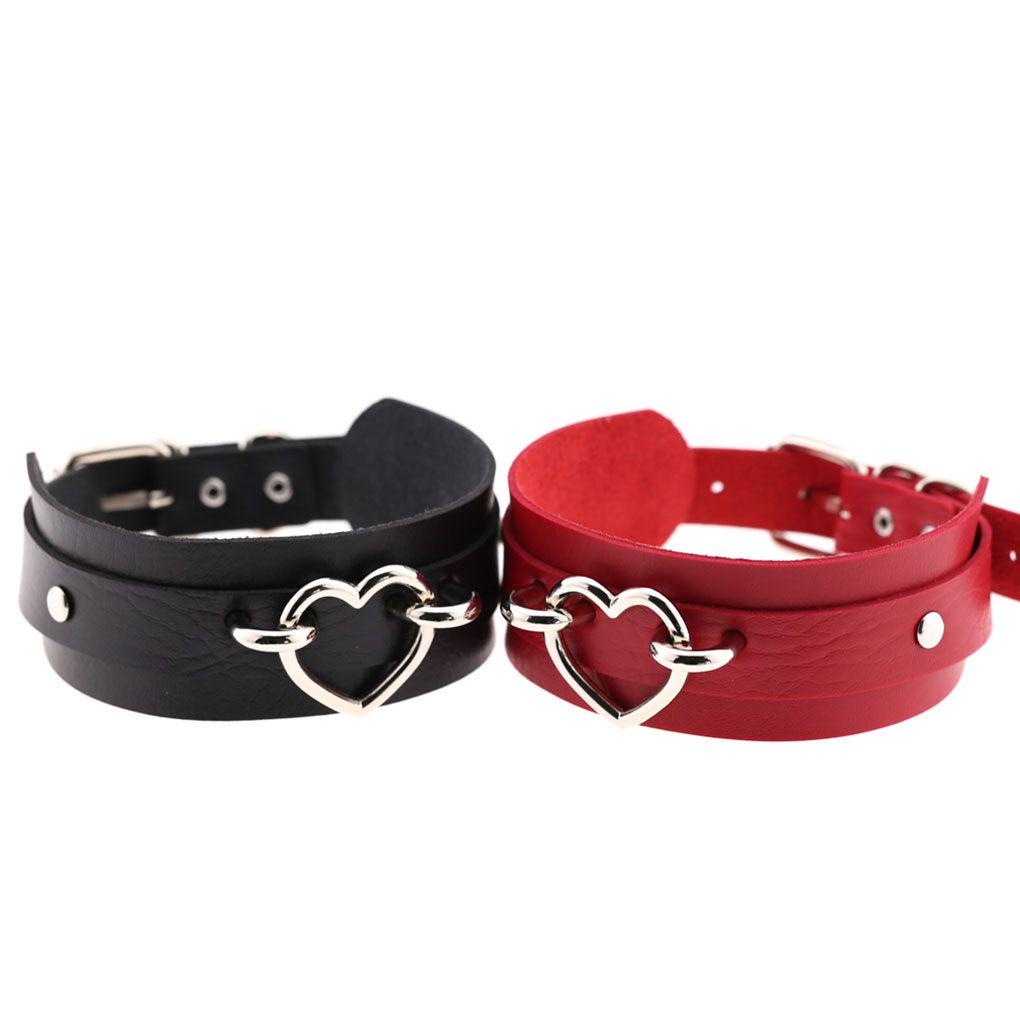 PU Imitation Leather Gothic Punk Choker Short Necklace Hollow Heart Shape Connector Choker