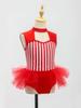 Kids Girls Ringmaster Jumpsuit: Rhinestone Stripe Sleeveless Cutout Bodysuit with Waist Mesh Ruffled Overlay for Stage