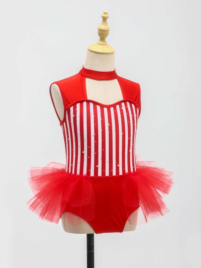 Kids Girls Ringmaster Jumpsuit: Rhinestone Stripe Sleeveless Cutout Bodysuit with Waist Mesh Ruffled Overlay for Stage