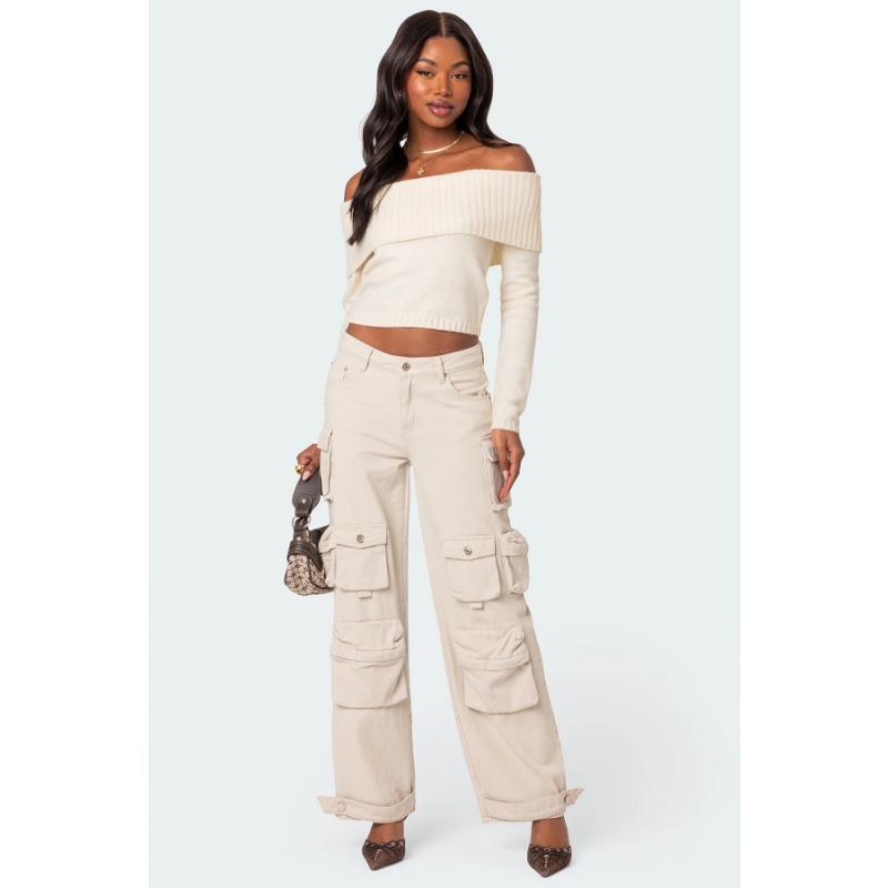 New Tops for Women Solid Color One-line Collar Off-shoulder Long-sleeved Sweater for Women