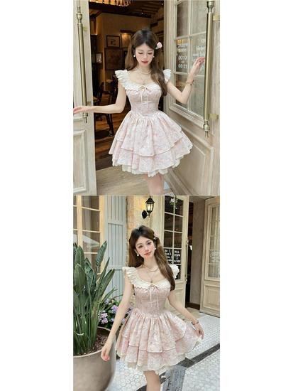New Arrival: French Floral Princess Mini Dress with Puffy Skirt and Flutter Sleeves